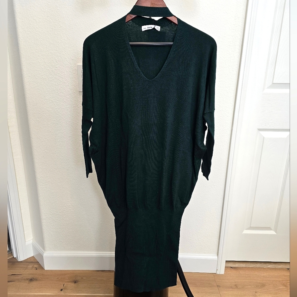 Zara Womens Dark Green Knitted 3/4 Sleeve Dress